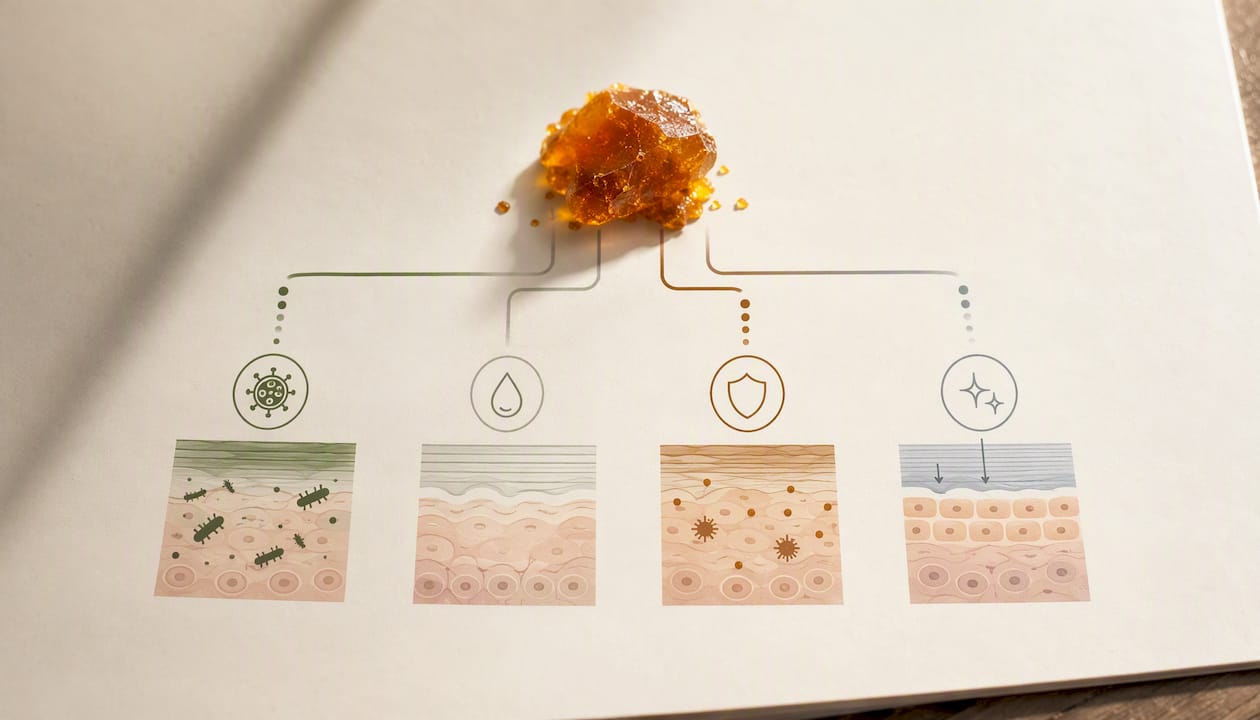 Quatre mécanismes d'action du propolis en représentation simplifiée