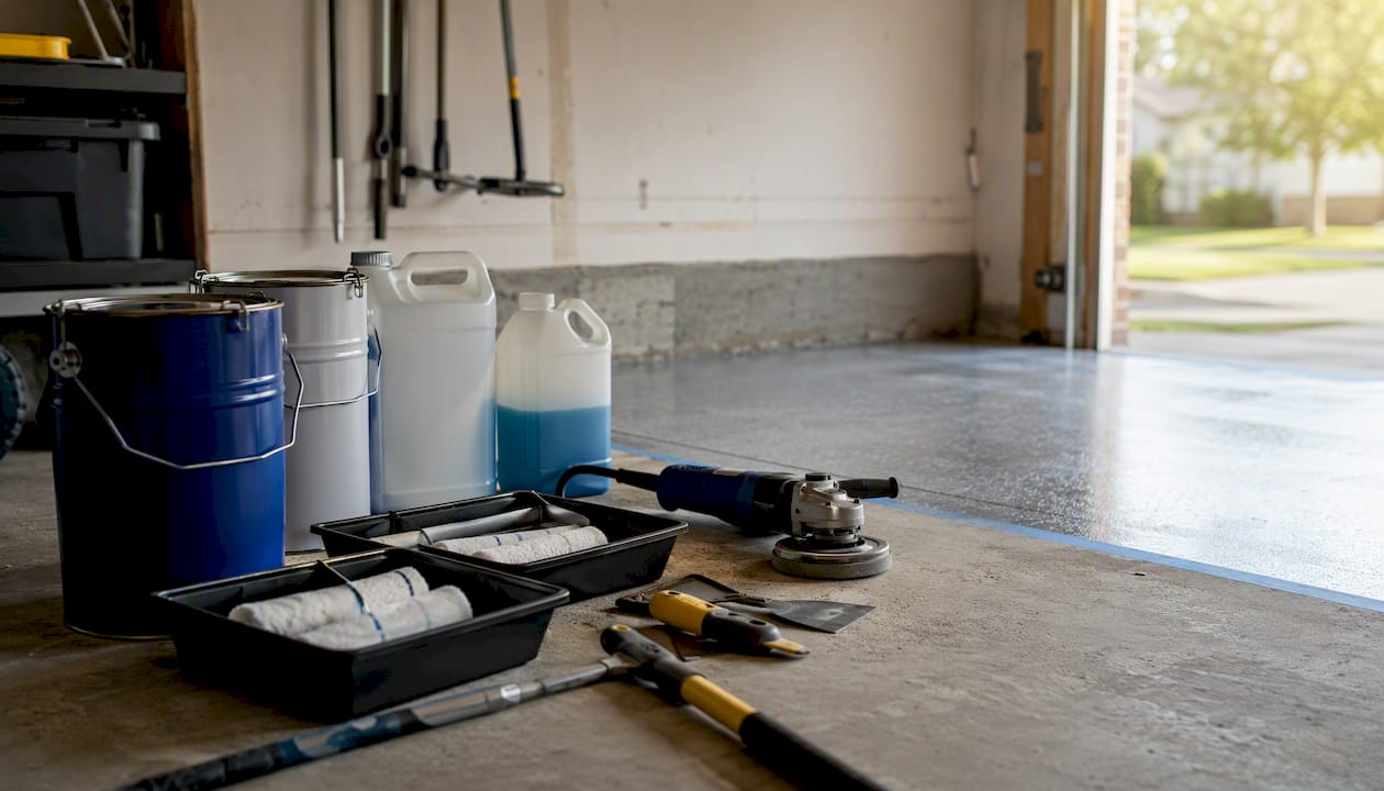 DIY garage epoxy prep tools and supplies