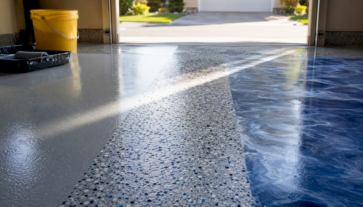 Garage floor sections with different epoxy finishes