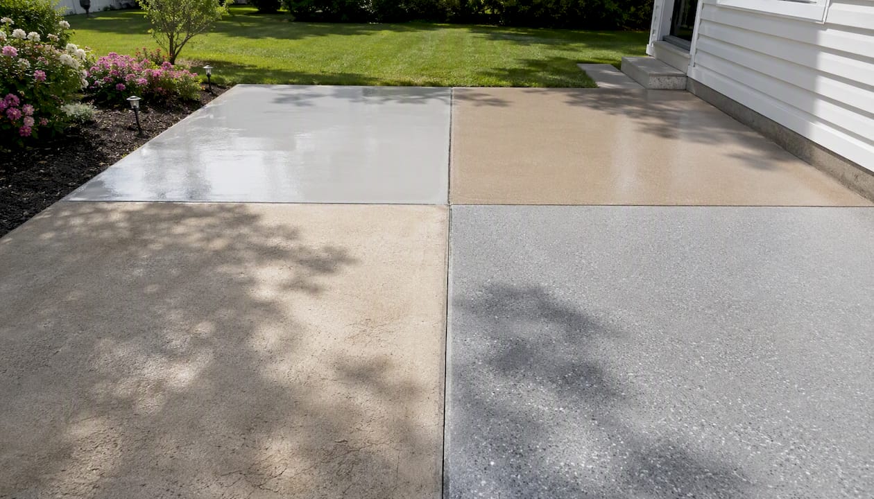 Patio concrete divided showing different coating types