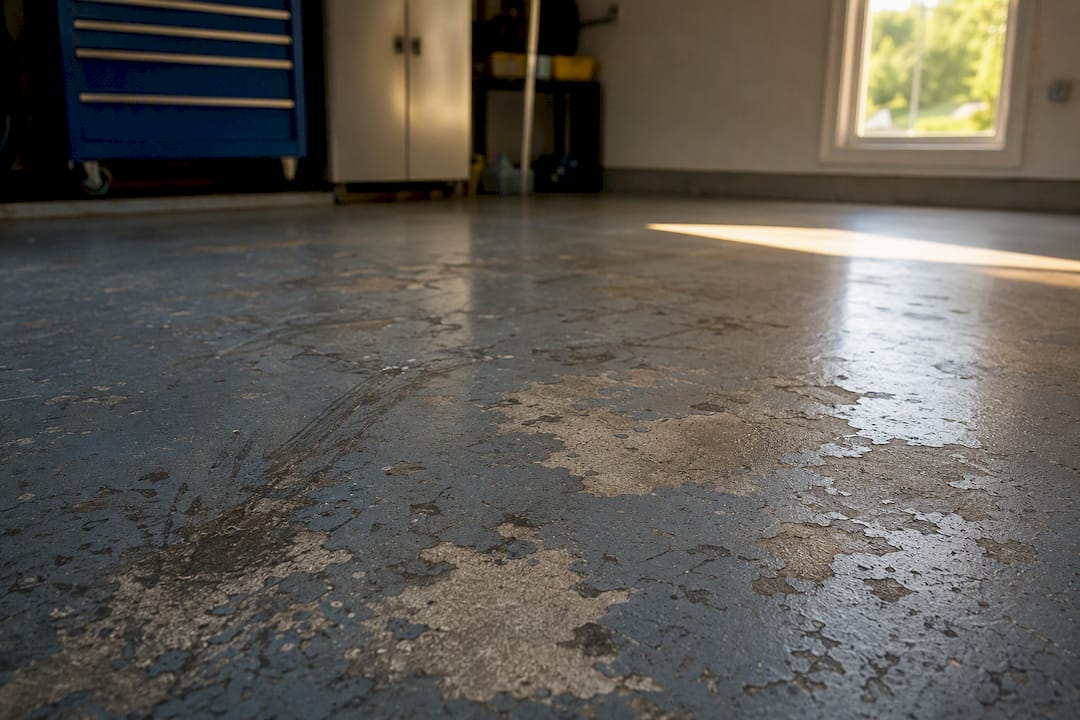 Garage floor showing epoxy and polished concrete wear