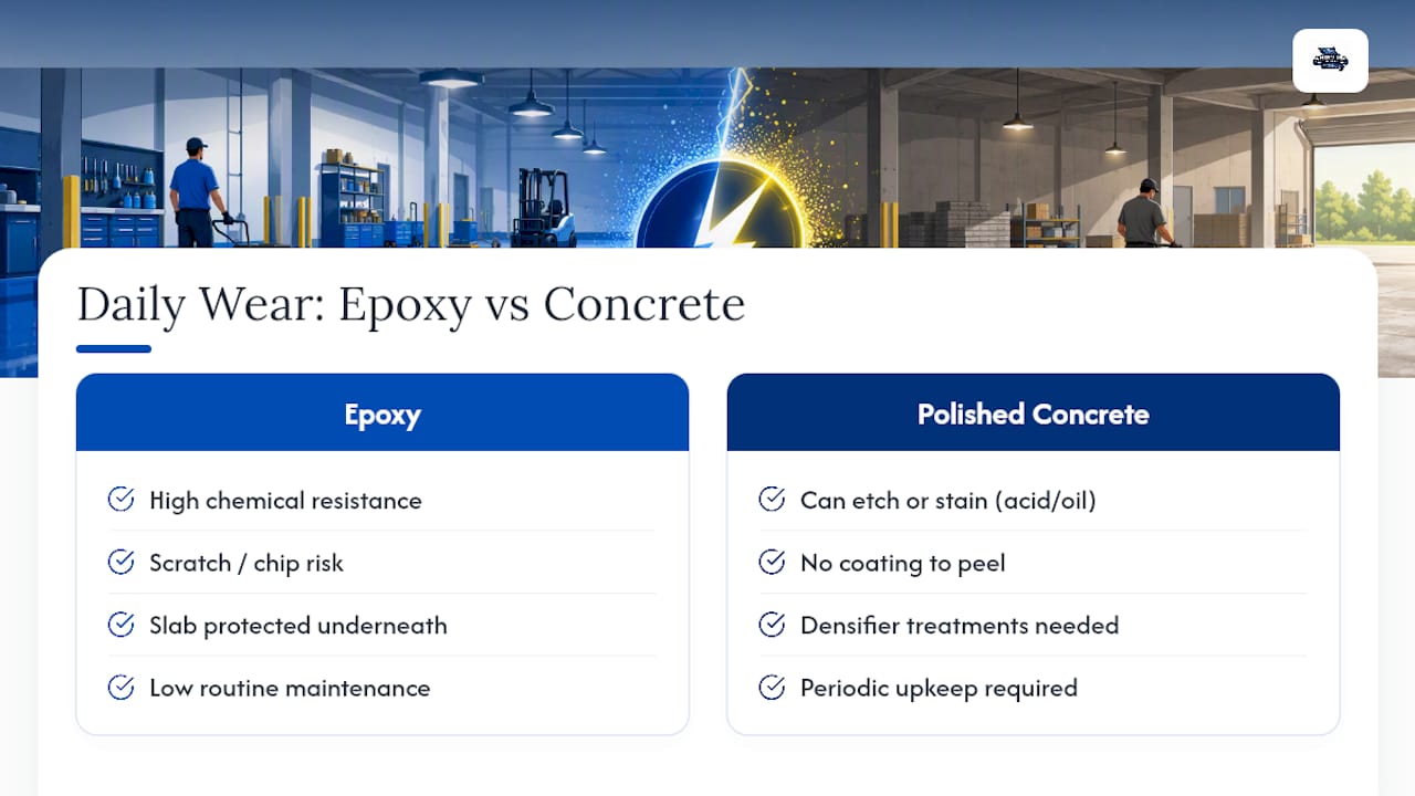 Durability comparison of epoxy and polished concrete floors
