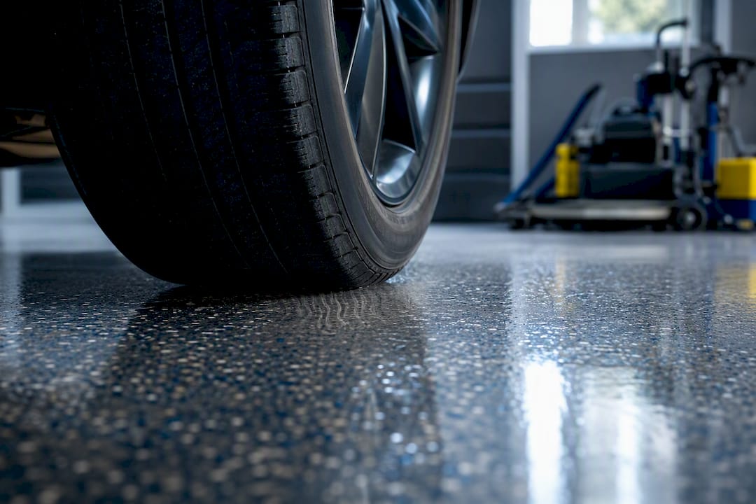 Vehicle tire warming epoxy garage floor surface