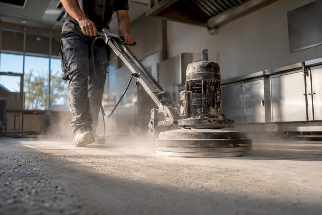 Diamond grinding machine preparing concrete kitchen floor