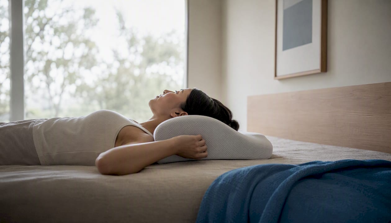 Persona descansando boca arriba con una almohada cervical para cuidar su postura al dormir.