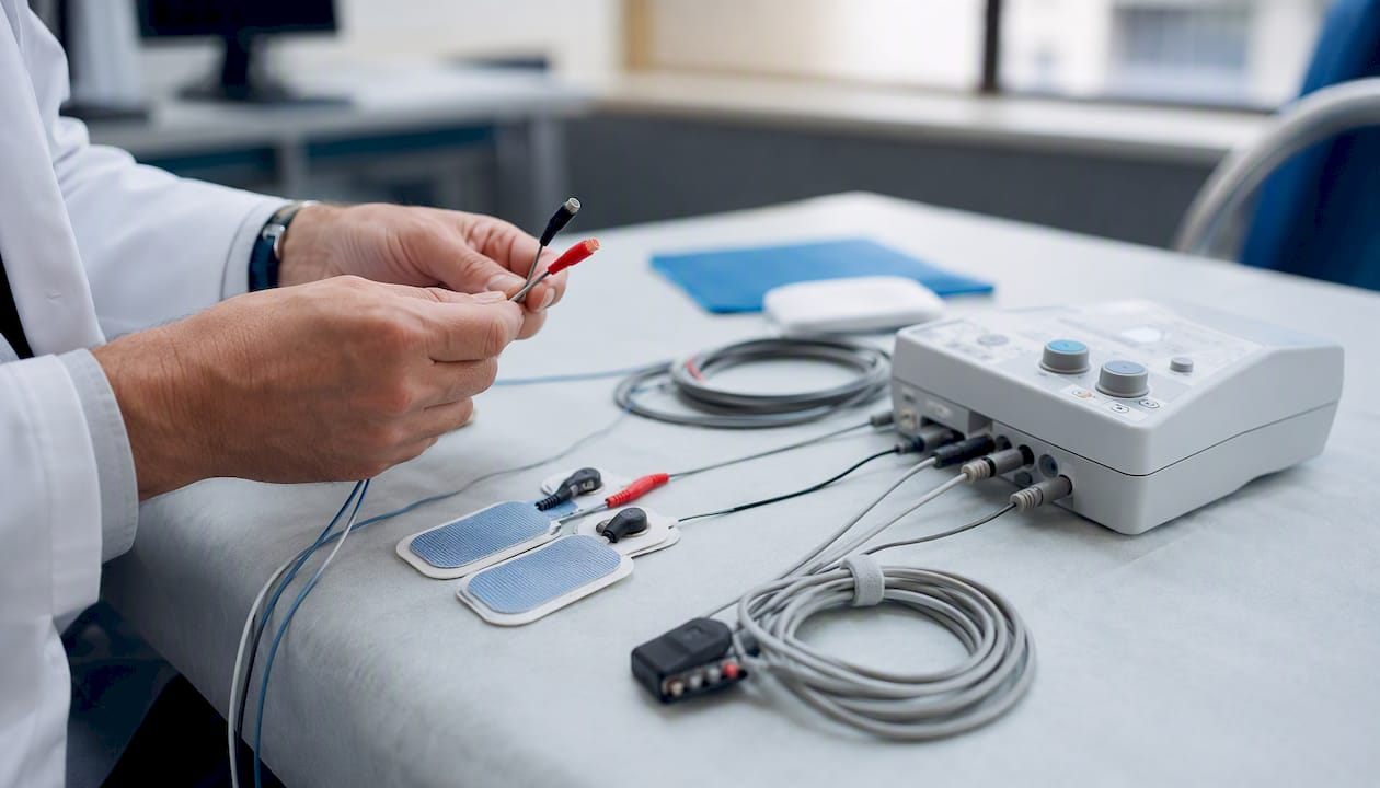 Sobre la mesa se encuentran electrodos y equipos para pruebas de conducción nerviosa.