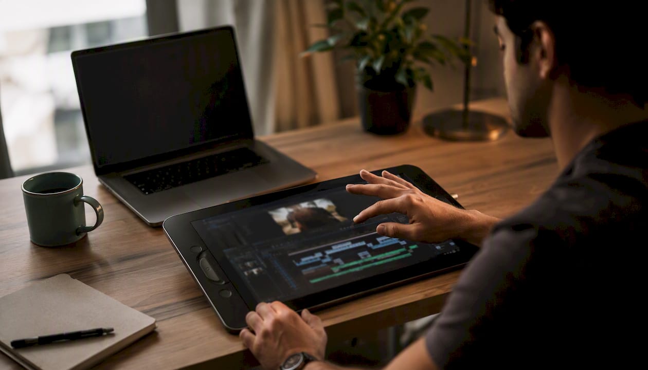 Hand annotating video timeline on tablet