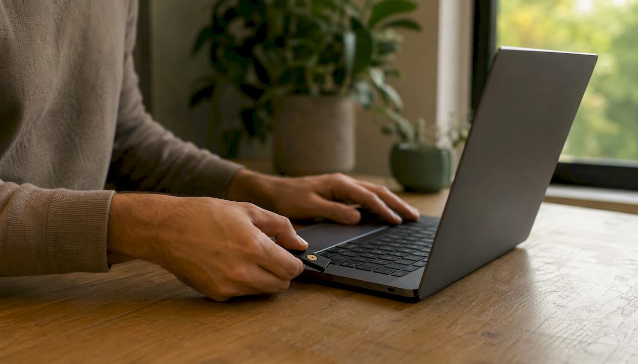 Hands connecting security key to laptop