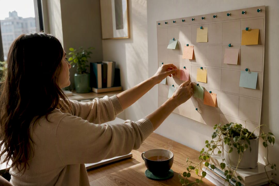 Hand placing notes on content calendar