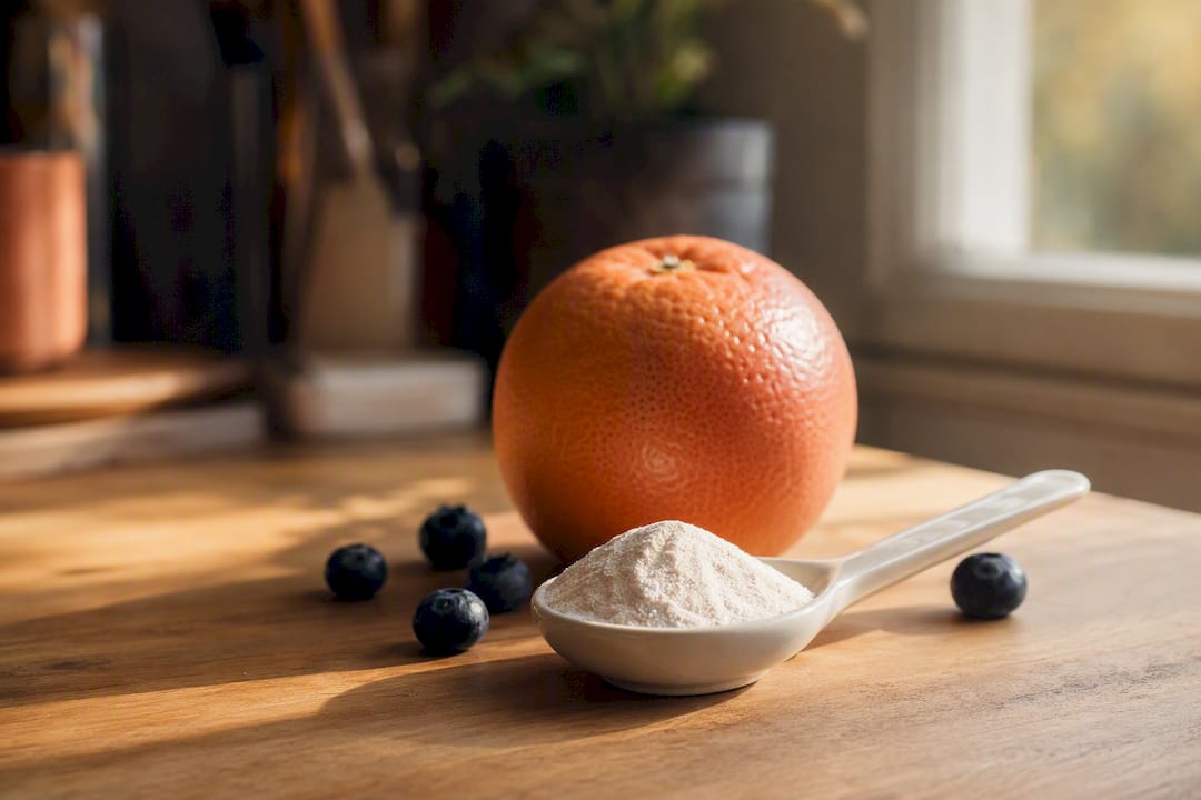 Spoonful of collagen powder with orange and berries
