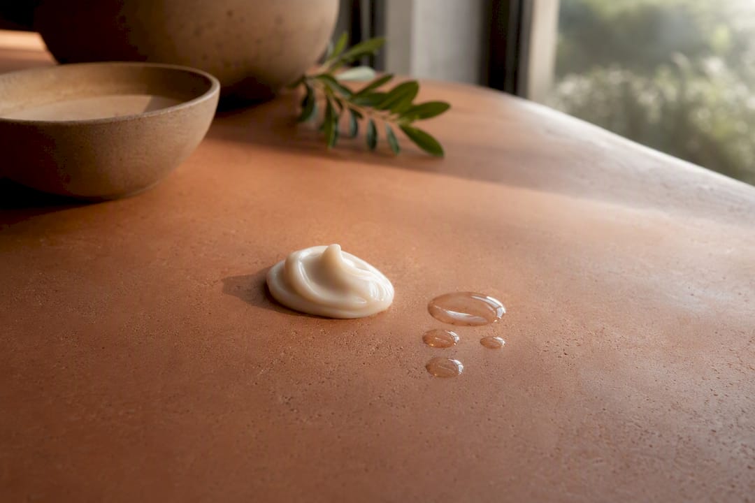 Retinol cream and serum texture on dark counter