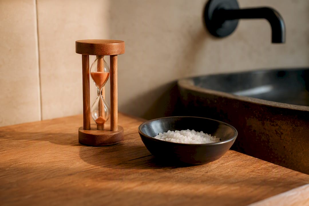 Bamboo timer on stone countertop symbolizing wait time