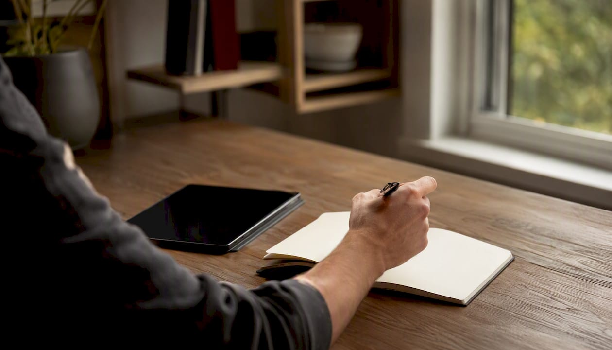 Hand poised to write decision log on desk