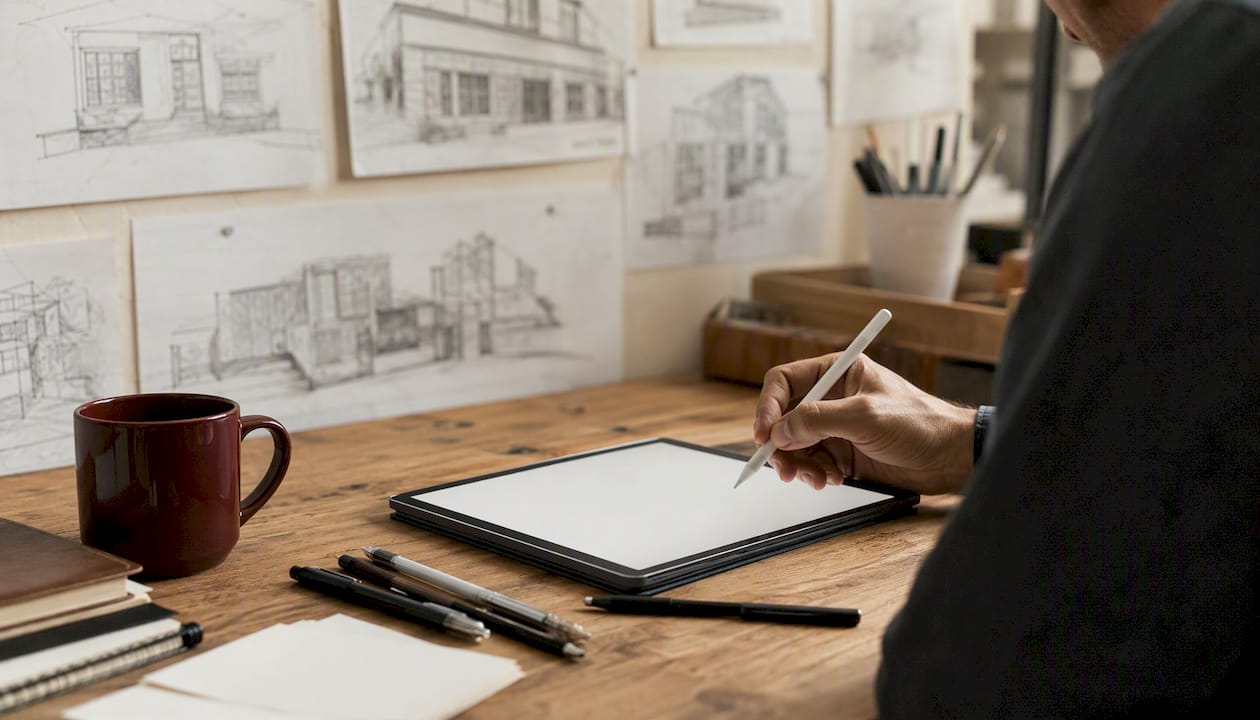 Hand poised over blank digital tablet in studio
