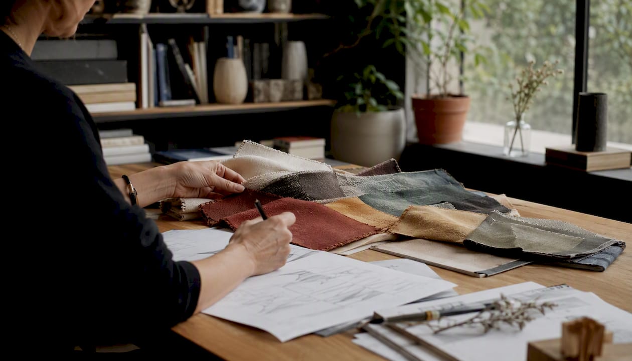 Architect hands arranging building plans overlays