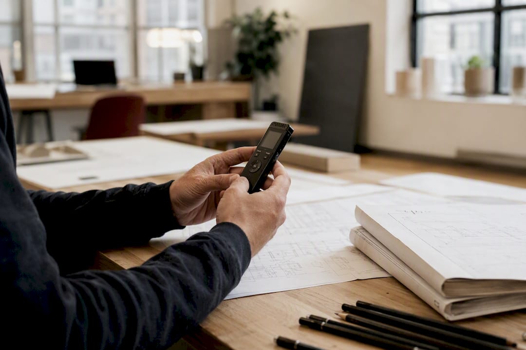 Hands holding voice recorder over drafting table