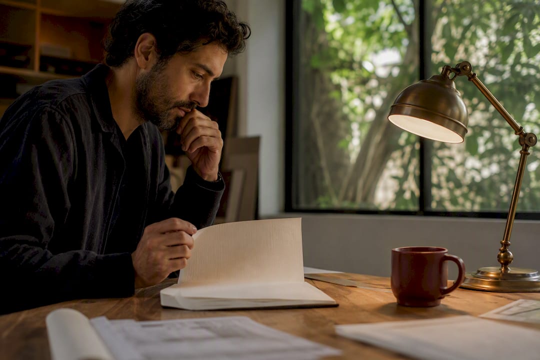 Design lead reviewing notebook with coffee in studio