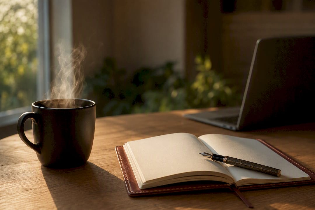 Coffee cup and notebook on wooden desk