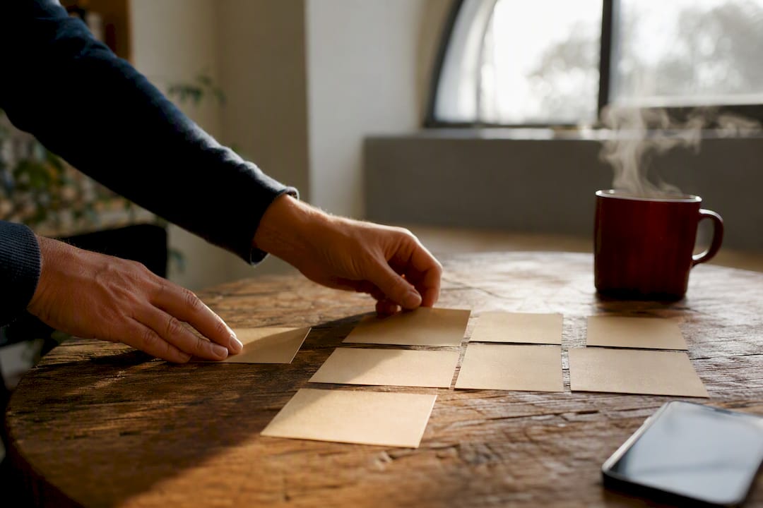 Hands sorting action item cards on table