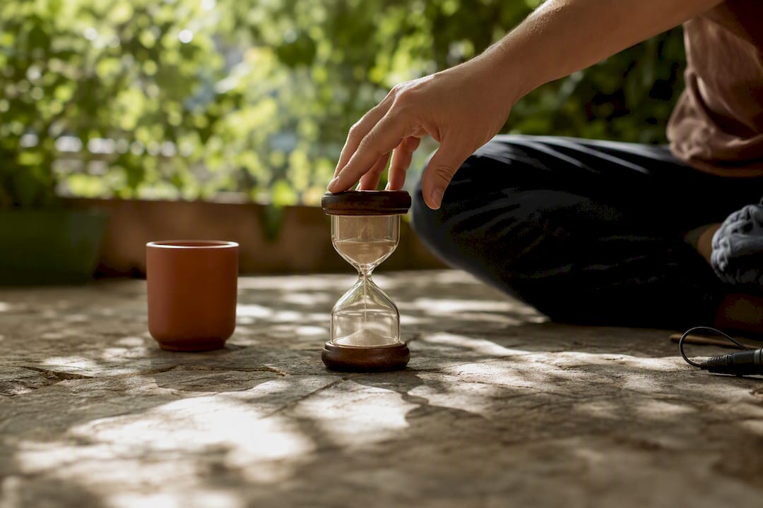 Hand turning hourglass timer on table
