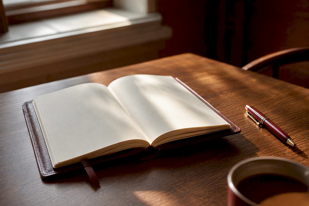 Notebook and pen on wooden desk