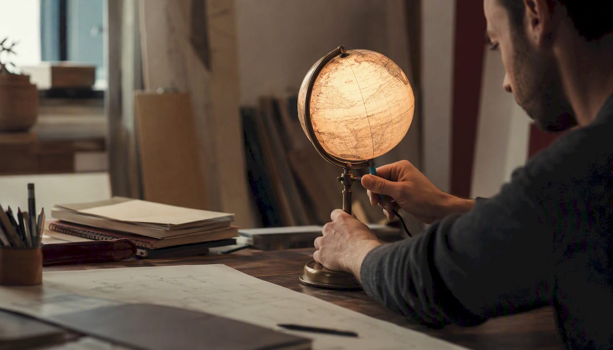 Hands installing light bulb in design studio