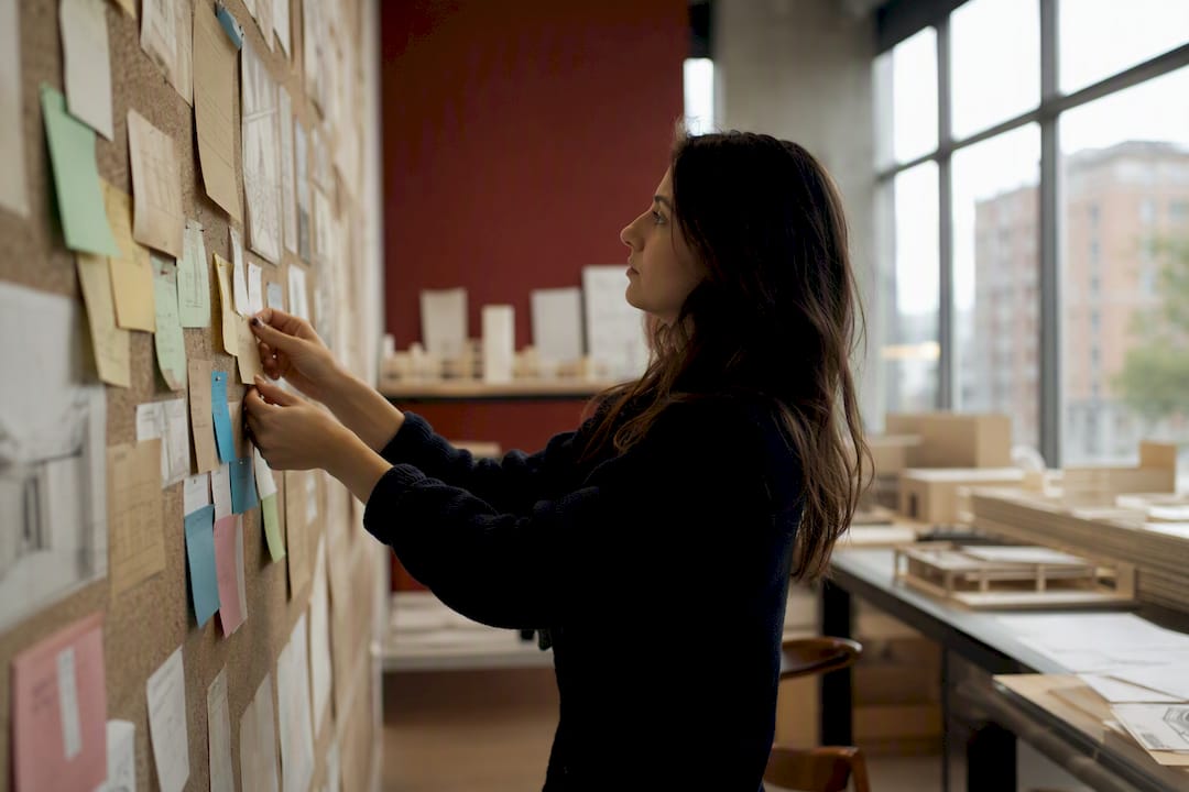 Hands arranging design notes on wall