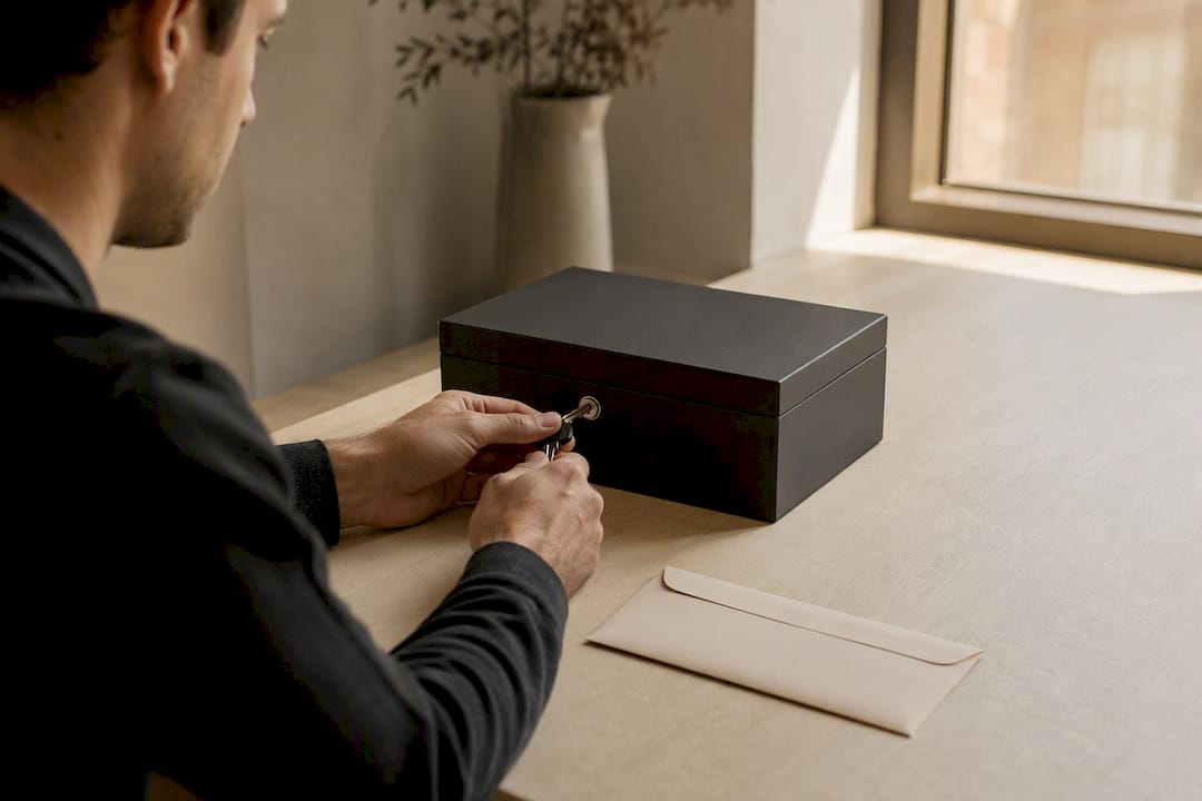 Hands locking a secure box for sensitive notes
