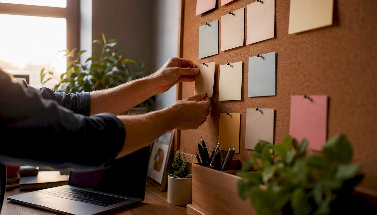 Hands placing task cards on corkboard