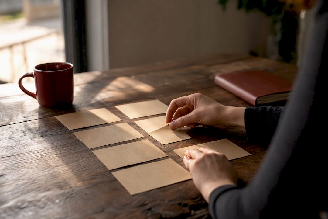 Hands arranging client brief sections on cards