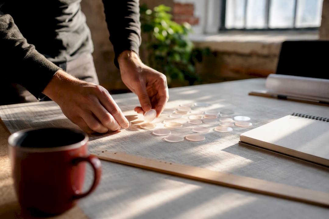 Hands arranging design risk tokens on table