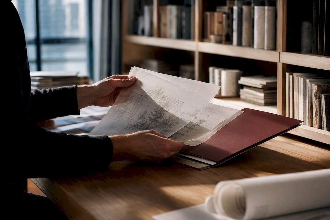 Designer reviewing project memory archive