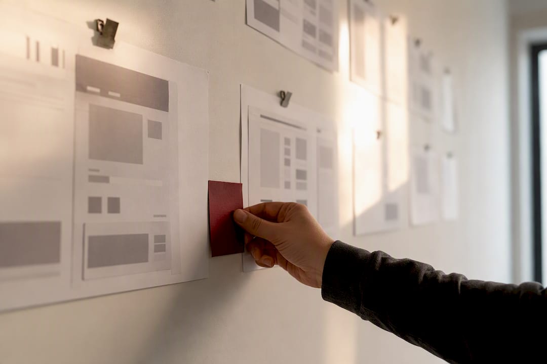 Low fidelity design printouts on critique wall