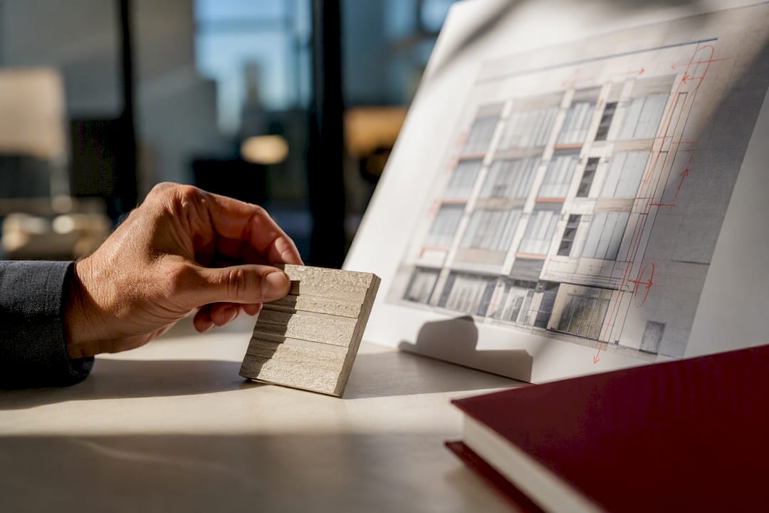 Architect comparing cladding sample and marked drawing