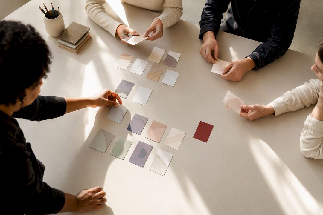 Design team sorting retrospective discussion cards