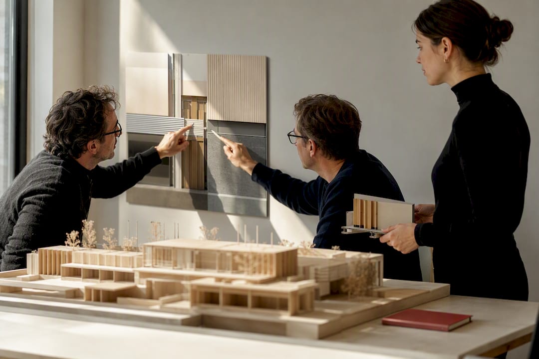 Designers discussing a facade study during critique
