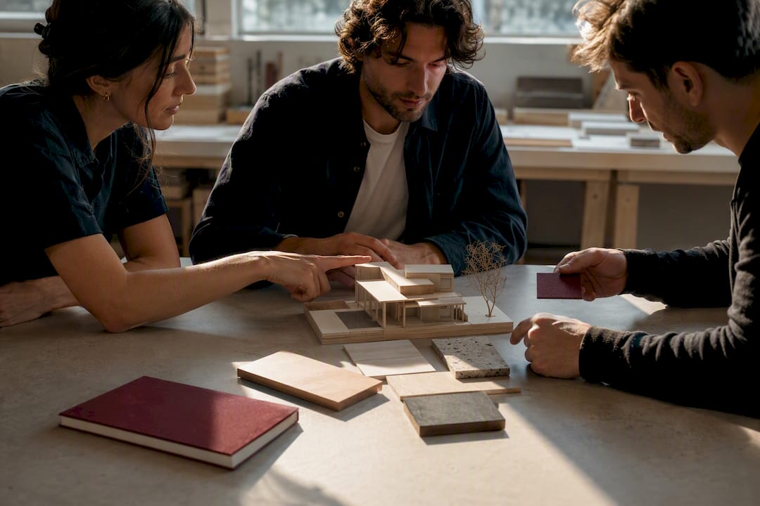 Design collaborators reviewing a physical study model