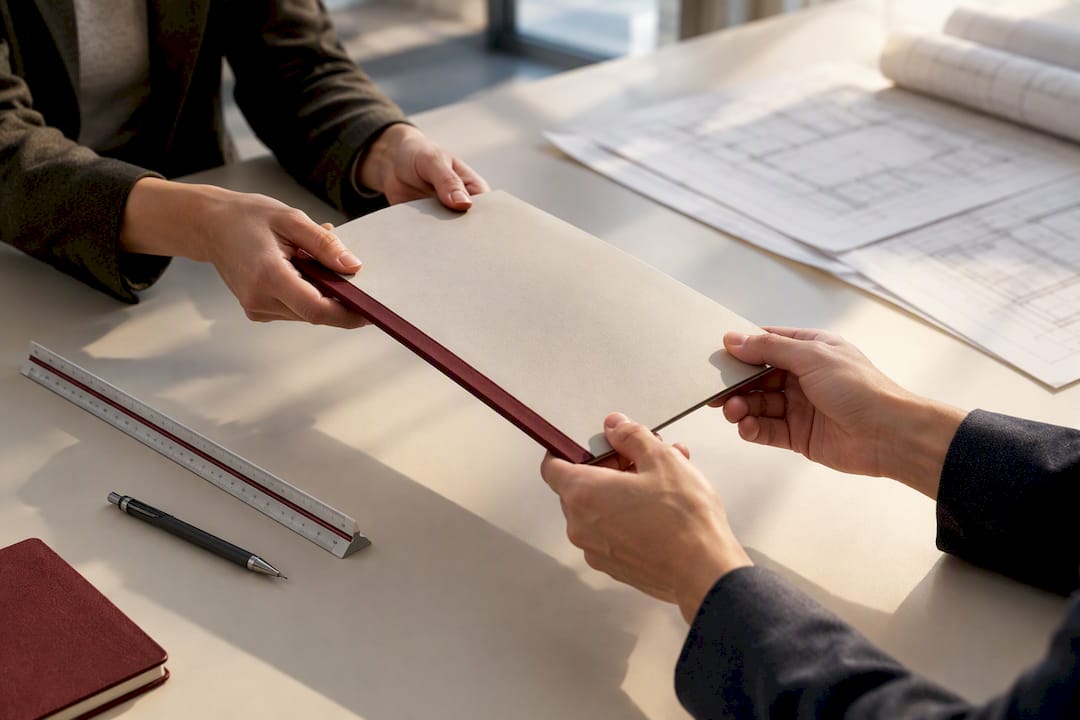 Managers passing a project handover packet