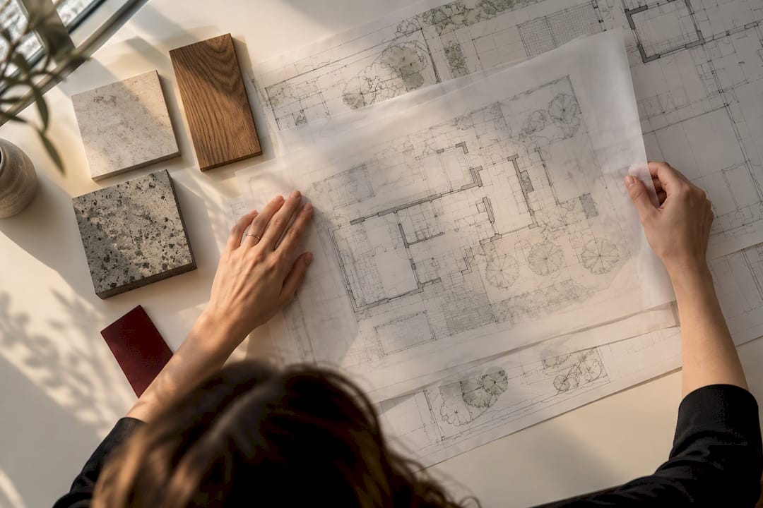 Tracing overlays aligned over architectural drawing