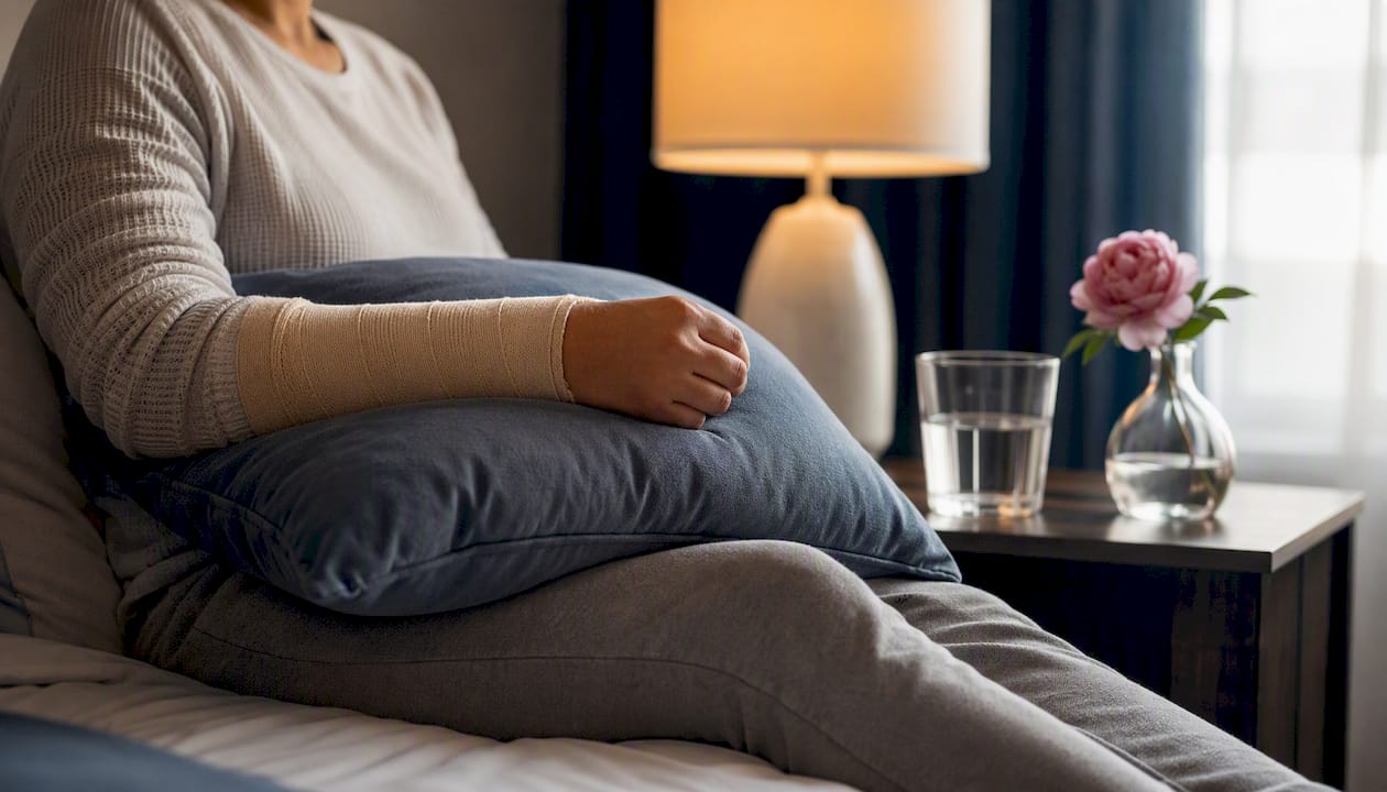 Injured person resting at home with medication