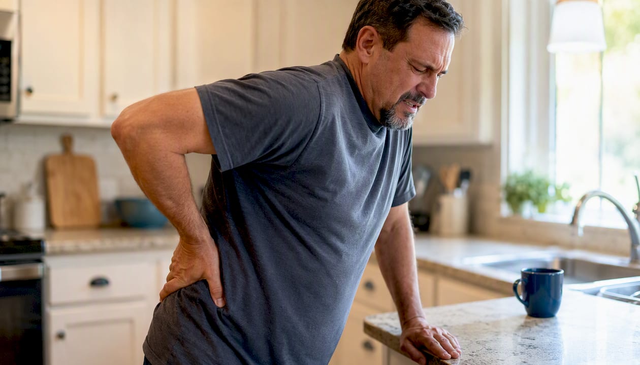 Man holding lower back in pain at home