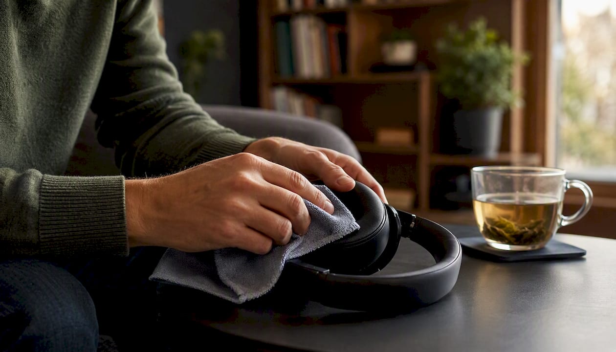 Person cleaning headphone ear pads
