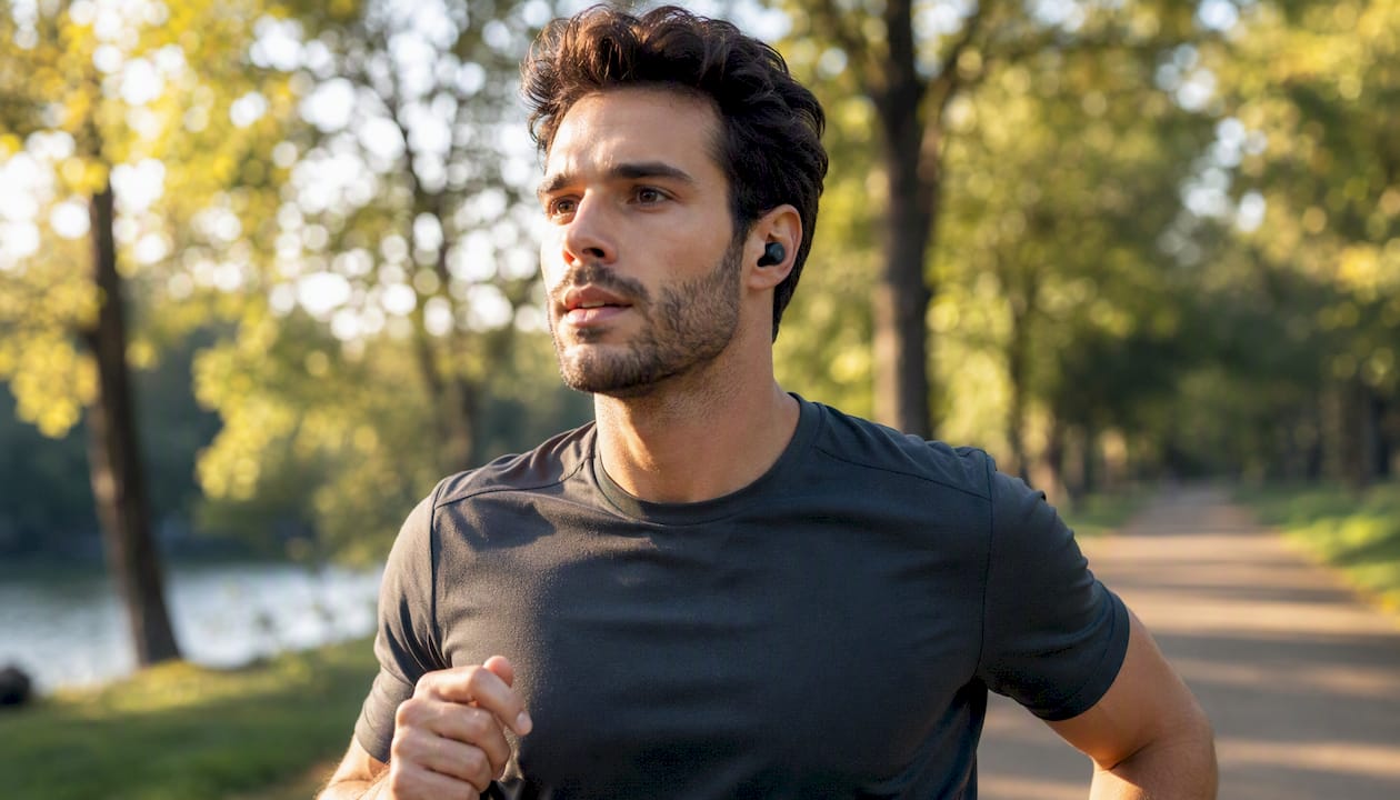 Runner jogging wearing wireless sports headphones
