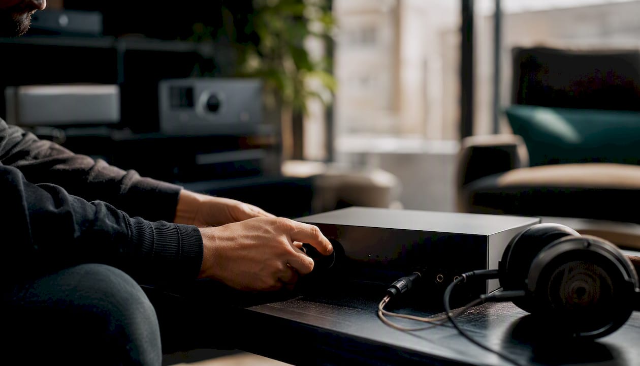 Hands connecting USB drive for headphone audio test