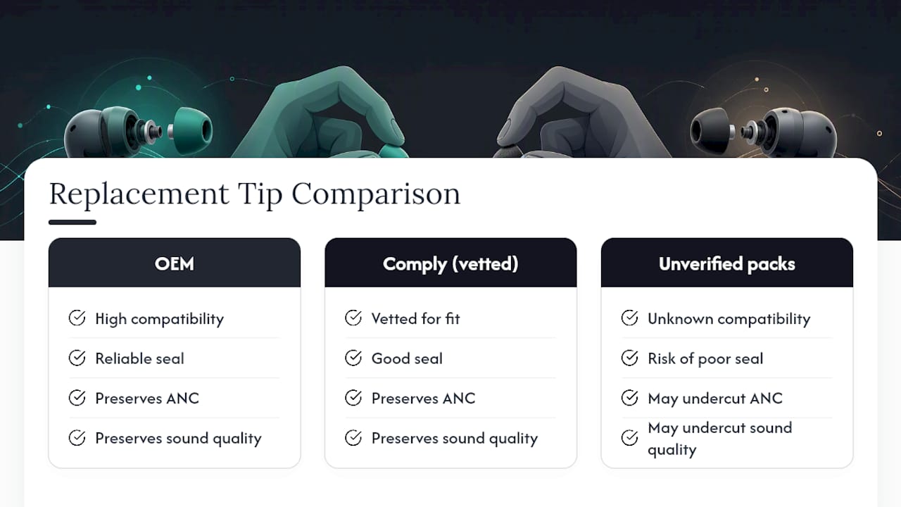 Comparison chart of earbud tip types by compatibility and performance