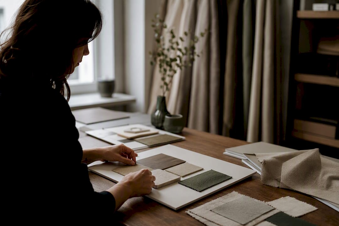 Hand arranging material samples in showroom
