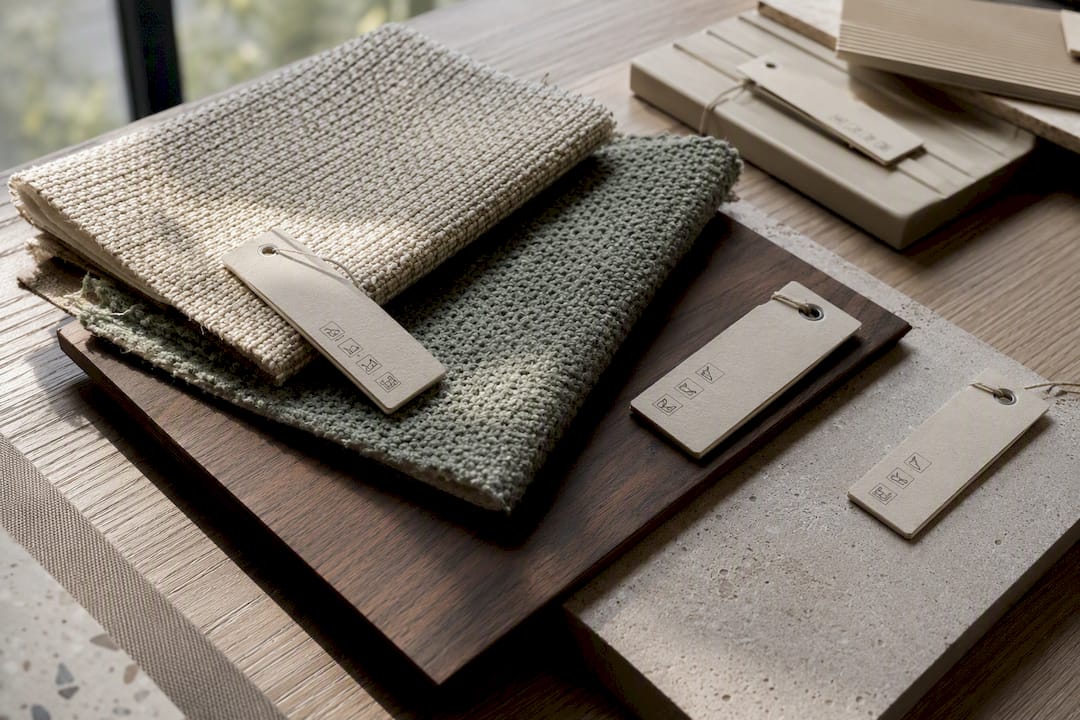 Labelled interior design material samples close-up
