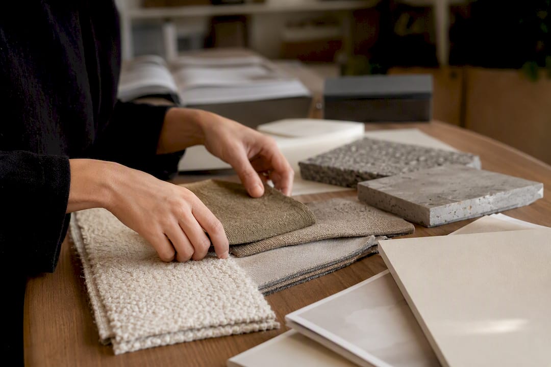 Hand arranging swatches on linen table