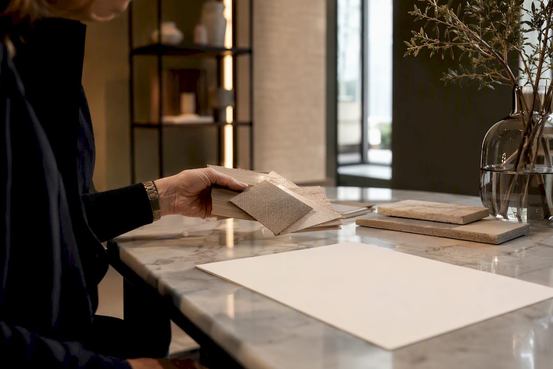 Hand holding material samples over design brief