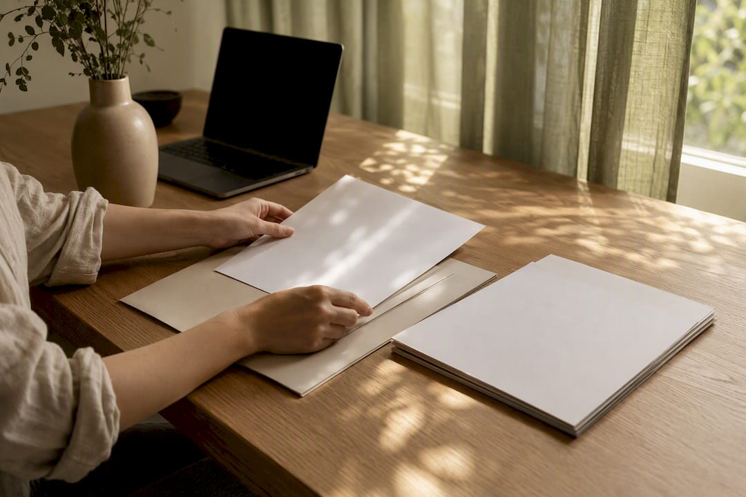 Hands arranging project kickoff documents on table
